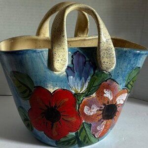 Bellini Piu Handcrafted Ceramic Basket Vase With Floral Design Made In Italy 12"